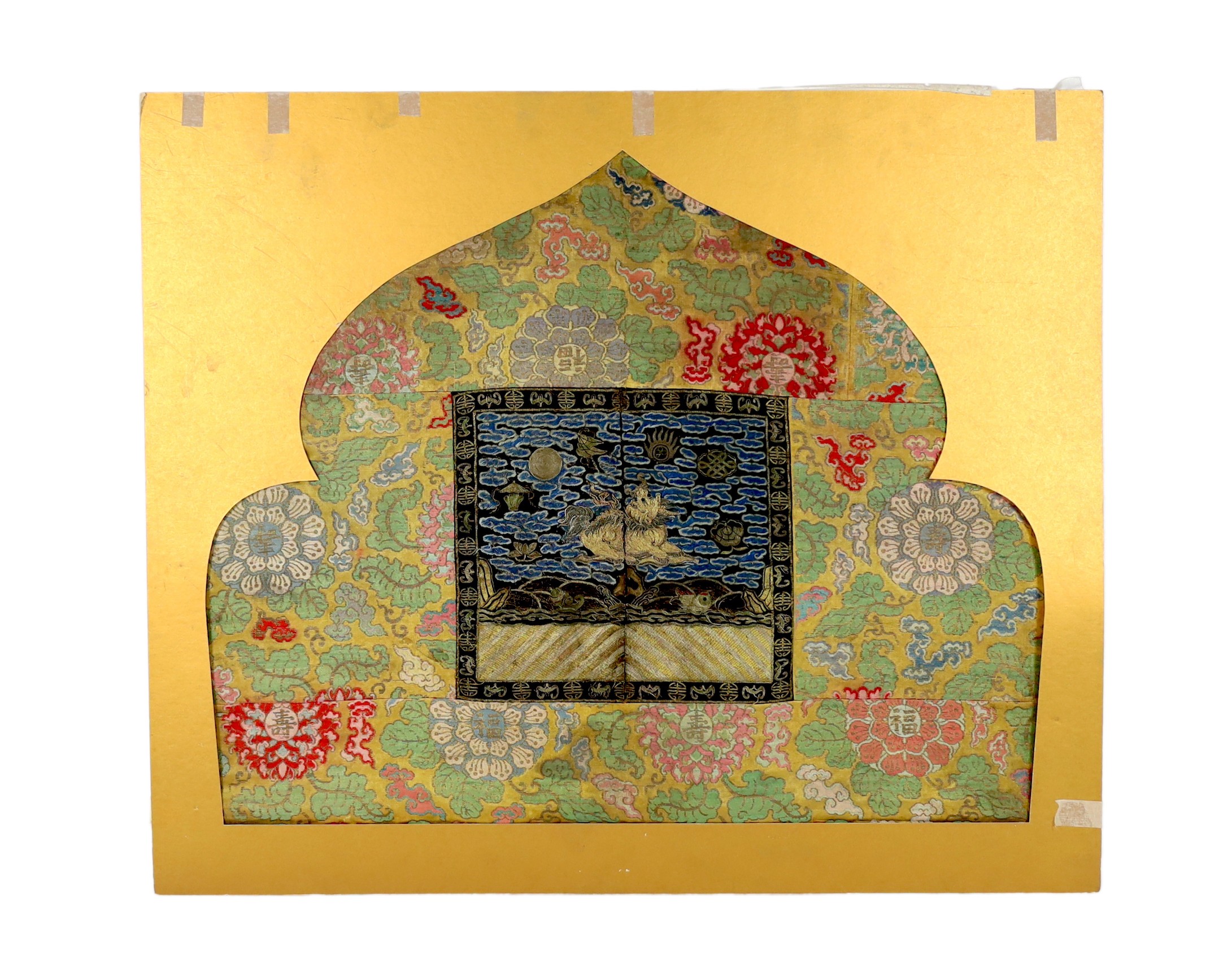 A 19th century Chinese embroidered silk military rank badge with 17th century silk brocade borders, total size 69.5cm x 83.5cm